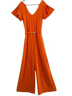 Thalia Sodi Orange Belted V-Neck Wide Leg Jumpsuit with Waist Belt Size S